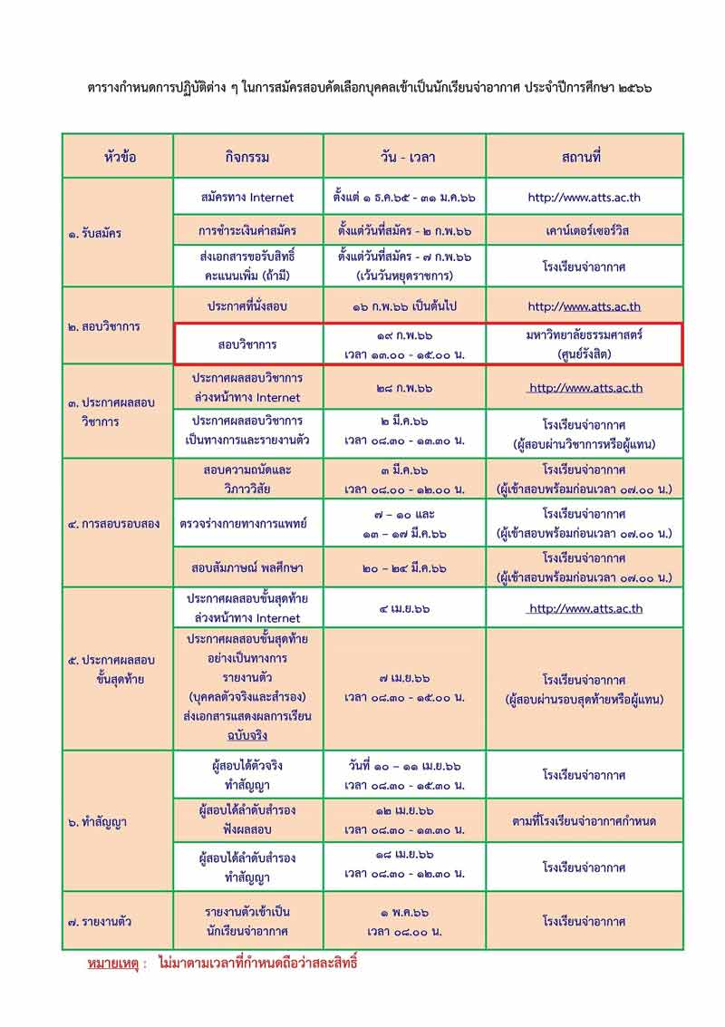 table-atts2565 ตารางกำหนดการรับสมัครบุคคลเพื่อสอบคัดเลือกเข้าเป็นนักเรียนจ่าทหารอากาศ 2566