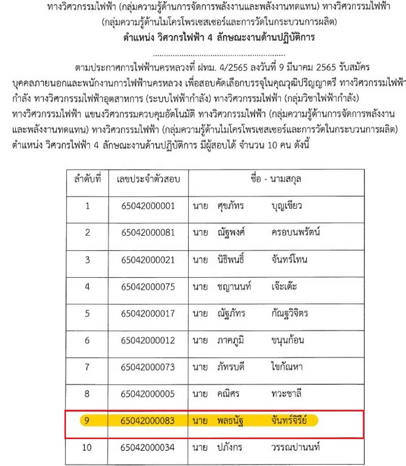 นาย พลธนัฐ จันทร์จิรีย์ (แมค) ผลงานติวสอบการไฟฟ้านครหลวง(กฟน) ตำแหน่งวิศวกรไฟฟ้า 2565